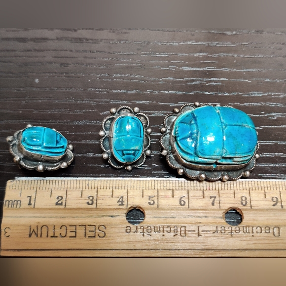 Antique Egyptian Scarabs Earrings and Brooch Set Silver Faience - Picture 12 of 14